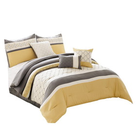 Benjara BM225208 Quatrefoil Print Queen Size 7 Piece Fabric Comforter Set, Yellow and Gray