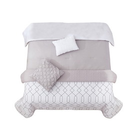 Benjara BM225212 8 Piece Full Size Fabric Comforter Set with Geometric Prints, White and Gray