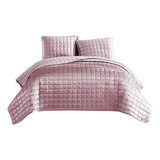 Benjara BM225231 3 Piece King Size Coverlet Set with Stitched Square Pattern, Pink