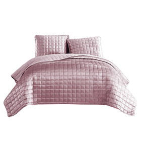 Benjara BM225232 3 Piece Queen Size Coverlet Set with Stitched Square Pattern, Pink