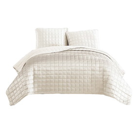 Benjara BM225234 3 Piece Queen Size Coverlet Set with Stitched Square Pattern, Cream