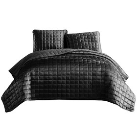 Benjara BM225238 3 Piece Queen Size Coverlet Set with Stitched Square Pattern, Dark Gray
