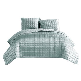 Benjara BM225240 3 Piece Queen Size Coverlet Set with Stitched Square Pattern, Sea Green