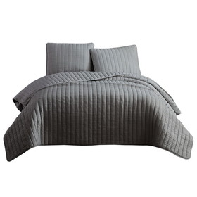 Benjara BM225245 3 Piece Crinkles King Size Coverlet Set with Vertical Stitching, Gray