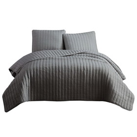 Benjara BM225246 3 Piece Crinkles Queen Size Coverlet Set with Vertical Stitching, Gray