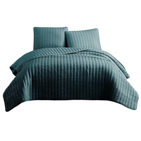 Benjara BM225253 3 Piece Crinkle King Coverlet Set with Vertical Stitching, Turquoise Blue