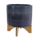 Benjara BM225563 11 Inch Ceramic Dotted Planter with Wooden Base, Blue and Brown