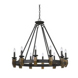 Benjara BM225616 12 Bulb Round Metal Chandelier with Candle Lights and Wooden accents, Black