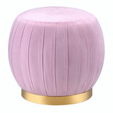Benjara BM225680 Fabric Upholstered Round Pleated Ottoman with Metal Base, Pink and Gold