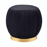 Benjara BM225681 Fabric Upholstered Round Pleated Ottoman with Metal Base, Black and Gold