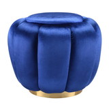 Benjara BM225684 Fabric Channel Tufted Round Ottoman with Metal Base, Blue and Gold