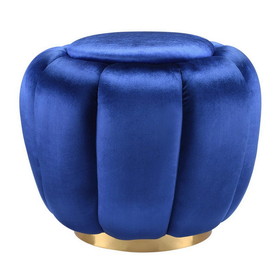 Benjara BM225684 Fabric Channel Tufted Round Ottoman with Metal Base, Blue and Gold