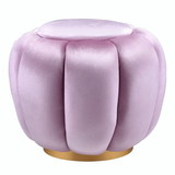 Benjara BM225685 Fabric Channel Tufted Round Ottoman with Metal Base, Pink and Gold