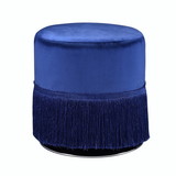 Benjara BM225686 Fabric Upholstered Round Ottoman with Fringes and Metal Base, Dark Blue