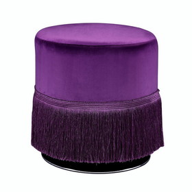 Benjara BM225687 Fabric Upholstered Round Ottoman with Fringes and Metal Base, Purple