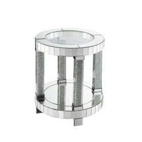 Benjara BM225887 Round Mirrored Frame End Table with Faux Diamond and Bottom Shelf, Silver