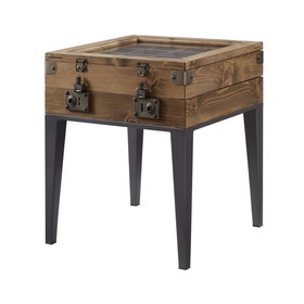 Benjara BM225899 Trunk Style Accent Table with Glass Top Encasing and Metal Tapered, Brown