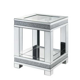 Benjara BM225943 End Table with Faux Gemstone Accents and Open Bottom Mirrored Shelf, Silver