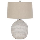 Benjara BM226099 Textured Ceramic Frame Table Lamp with Fabric Shade, Beige and White