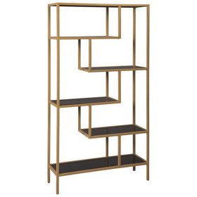 Benjara BM226174 Metal Frame Bookcase with 5 Tiered Display Glass Shelves, Gold and Black