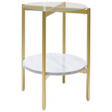 Benjara BM226512 Glass Top Metal End Table with Marble Shelf, Gold and White