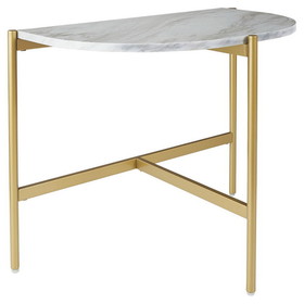 Benjara BM226513 Crescent Moon Shaped Marble Top Metal Chair Side End Table, White and Gold