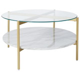 Benjara BM226524 Glass Top Cocktail Table with Faux Marble Bottom Shelf, Clear and Gold