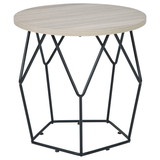 Benjara BM226537 Wooden Top Round End Table with Open Geometric Base, Gray and Black