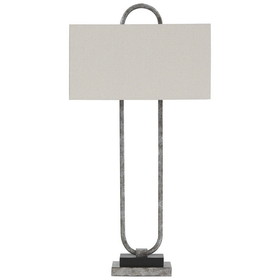 Benjara BM226577 Open Capsule Metal Body Table Lamp with Fabric Drum Shade, Gray and White