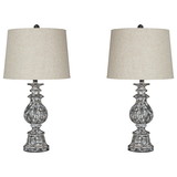 Benjara BM226581 Pedestal Body Faux Wood Table Lamp with Tapered Fabric Shade, Set of 2, Gray