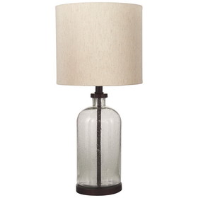 Benjara BM226582 Cylindrical Seeded Glass Table Lamp with Fabric Drum Shade, Beige and Clear