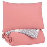 Benjara BM226588 Twin Size Reversible Fabric Comforter Set with 1 Sham and Ruffles, Pink