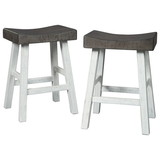 Benjara BM227037 25 Inch Wooden Saddle Stool with Angular Legs, Set of 2, Brown and White