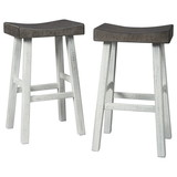 Benjara BM227038 31 Inch Wooden Saddle Stool with Angular Legs, Set of 2, Brown and White
