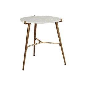Benjara BM227082 Round Marble Top Accent Table with Angled Metal Legs, Gold and White