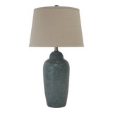 Benjara BM227185 150 Watt Ceramic Body Table Lamp with Tapered Fabric Shade, Green and Beige