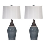 Benjara BM227189 Pot Bellied Ceramic Table Lamp with Brushed Details, Set of 2, Gray and White