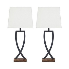 Benjara BM227192 Criss Cross Metal Table Lamp with Fabric Shade, Set of 2, Gray and White