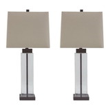 Benjara BM227213 Glass and Metal Base Table Lamp with Square Shade, Set of 2, Clear and Gray