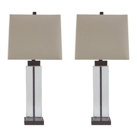 Benjara BM227213 Glass and Metal Base Table Lamp with Square Shade, Set of 2, Clear and Gray