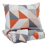 Benjara BM227234 3 Piece Fabric Full Coverlet Set with Geometric Print, Gray and Orange