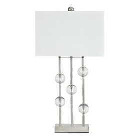Benjara BM227346 Crystal Accented Metal Table Lamp with Hardback Shade, White and Silver