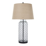 Benjara BM227349 Woven Wire Wrapped Glass Base Table Lamp with Fabric Shade, Beige