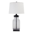 Benjara BM227350 Smoky Glass Frame Table Lamp with Fabric Shade, Light Gray and Clear