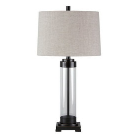 Benjara BM227351 Glass and Metal Frame Table Lamp with Fabric Shade, Gray and Black