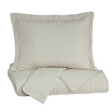 Benjara BM227563 3 Piece Fabric Queen Coverlet Set with Vertical Channel Stitching, Cream