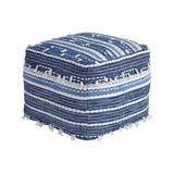 Benjara BM227633 Fabric Pouf with Handwoven Tassel Design, Blue and White
