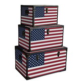 Benjara BM228638 Wooden Trunks with US Flag Print and Metal Corner Accent, Set of 3, Multicolor - BM228638
