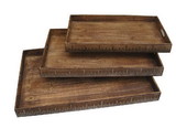 Benjara BM228642 Wooden Tray with Grain Details and Cut Out Handles, Set of 3, Brown - BM228642