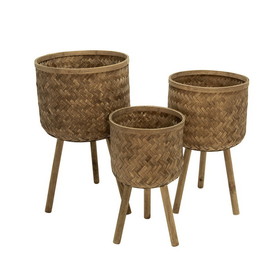 Benjara BM229452 Round Bamboo Planters with Angled Tripod Legs, Set of 3, Brown